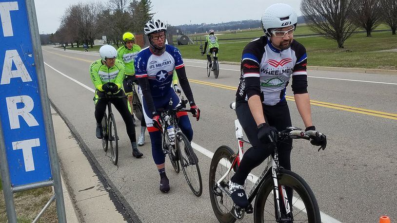 Despite a chilly day, the first Blue Streak Time Trial of 2018 attracted 83 cyclists, who rode the 10-mile course in Area A of Wright-Patterson Air Force Base April 10. Blue Streak Time Trials will continue the second Tuesday of each month into October. (Contributed photo/Chuck Smith)