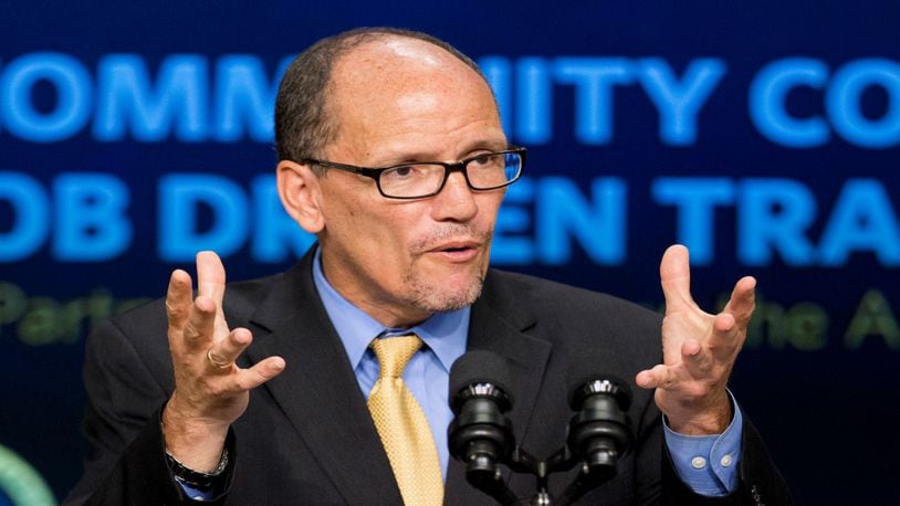FILE - In this Sept. 29, 2014 file photo, then-Labor Secretary Tom Perez speaks in the South Court Auditorium in the White House compound in Washington. (AP Photo/Manuel Balce Ceneta, File)