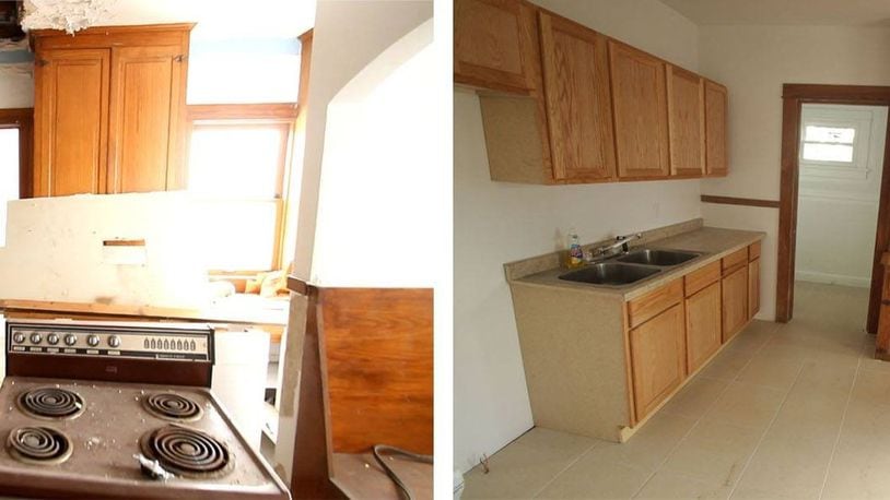 Before and after photos of a kitchen that Wes Hartshorn in a home he acquired using the city of Dayton’s Lot Links program. CONTRIBUTED