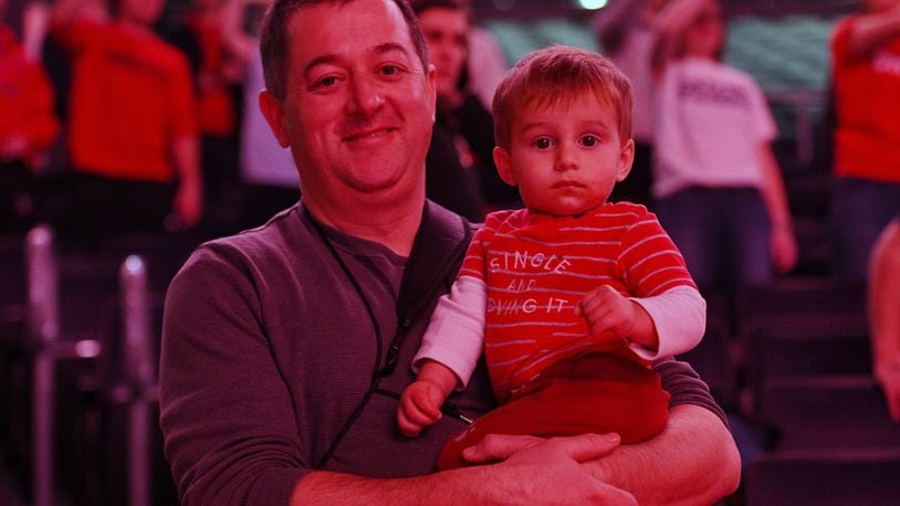 David Jablonski and his son Chase are pictured at UD Arena. Photo by Erik Schelkun