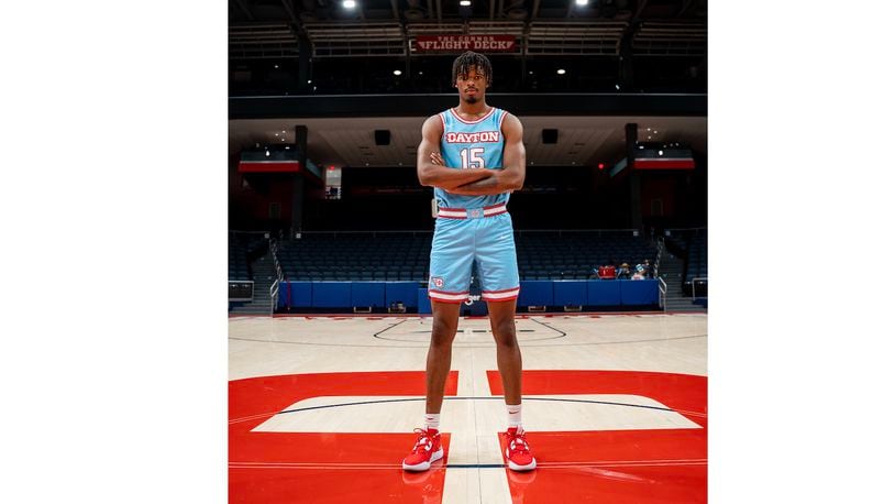 Dayton's DaRon Holmes II models the Marianist Blue uniform the team will wear on Friday, Nov. 11, 2022, during a game against SMU. Photo courtesy of UD