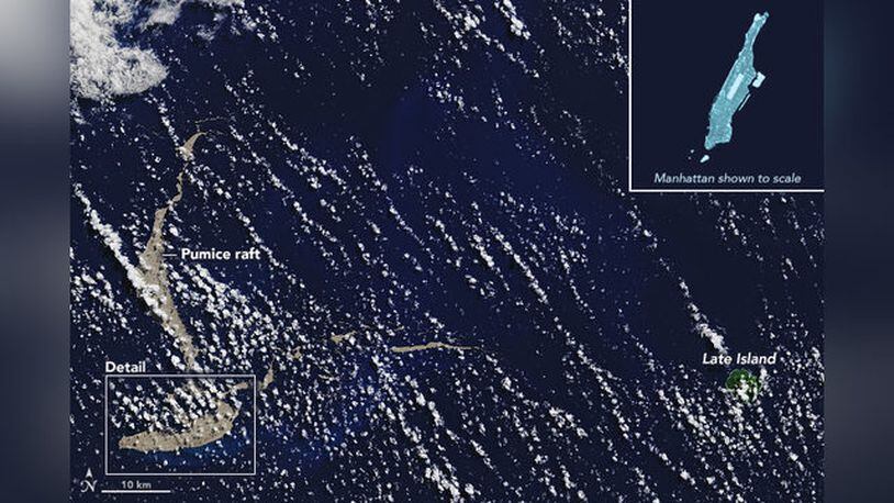 On August 13, 2019, the Operational Land Imager on Landsat 8 acquired natural-color imagery of a vast pumice raft floating in the tropical Pacific Ocean in the Kingdom of Tonga. NASA’s Terra satellite detected the mass of floating rock on August 9.