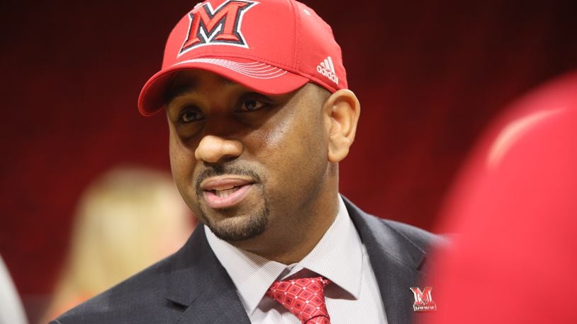 Jack Owens was introduced Thursday as the new men’s basketball coach at Miami University. GREG LYNCH/STAFF