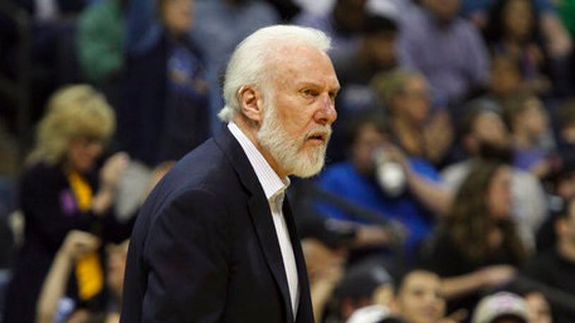 San Antonio Spurs coach Gregg Popovich reacts to a call in the first half of an NBA basketball game against the Memphis Grizzlies, Saturday, March 18, 2017, in Memphis, Tenn. (AP Photo/Karen Pulfer Focht)