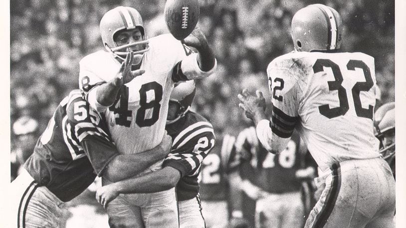 Ernie Green (left) formed a potent backfield combination with Hall of Famer Jim Brown (32) with the Cleveland Browns during the 1963 and 1964 seasons. The Browns won the NFL championship in 1964.. Photo courtesy of Cleveland Browns