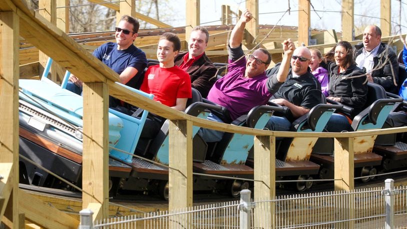 Ride enthusiasts enjoy a ride on the wooden roller coaster, Mystic Timbers, at Kings Island, during a preview of the attraction Thursday, Apr. 13, 2017. The ride is among 11 roller coaster featured at the 364-acre amusement park, which opened in 1972. GREG LYNCH / STAFF
