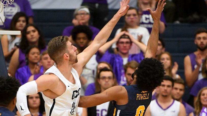 FULLERTON, CA - NOVEMBER 25: Tim Finke #24 of the Grand Canyon Lopes defends a shot by Pookie Powell #0 of the La Salle Explorers in the first half of the game during the Wooden Legacy Tournament at Titan Gym on November 25, 2018 in Fullerton, California. (Photo by Jayne Kamin-Oncea/Getty Images)