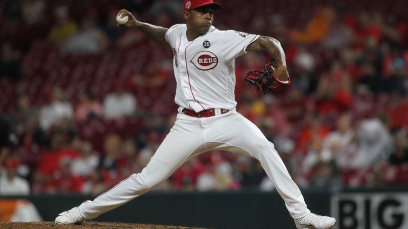 Reds reliever Raisel Iglesias pitches in the ninth inning against the Astros on Monday, June 17, 2019, at Great American Ball Park in Cincinnati. David Jablonski/Staff