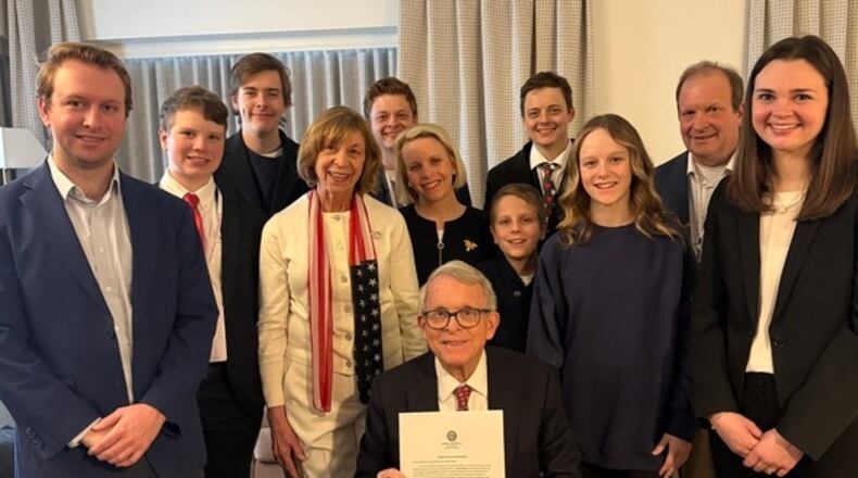 Ohio Gov. Mike DeWine signed the certificate of appointment to the U.S. Senate for Jon Husted to fill the seat being vacated by incoming Vice President JD Vance on Sunday, Jan. 19, 2025. The Governor signed it in Washington, D.C. surrounded by members of his family who have traveled there for the Inauguration of President Donald J. Trump and Vance. CONTRIBUTED