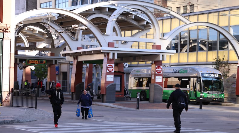 An RTA bus leaves the downtown hub and turns onto Main Street in downtown Dayton on Monday, Nov. 3. BRYANT BILLING/STAFF