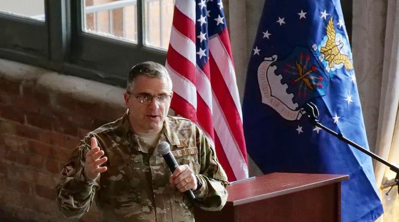 Maj. Gen. William Cooley, Air Force Research Laboratory commander and Air Force technology executive officer, provides welcome remarks to attendees of the first Air Force Technology Executive Officer Pitch Day in 2019 at the Steam Plant and the Wright Brothers Institute in Dayton. (U.S. Air Force photo/Keith Lewis)