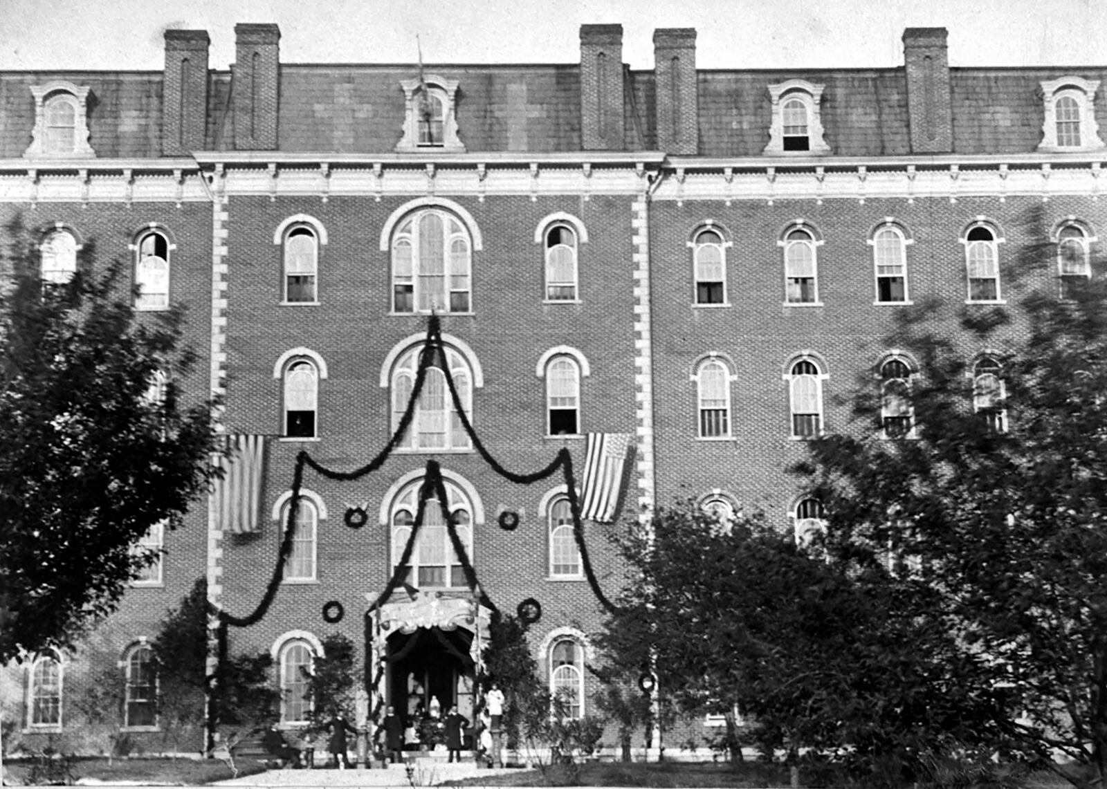 This photograph of St. Mary's Institute taken in 1879 is the oldest dated picture on record. The first president, Rev. Leo Meyer, purchased 120 acres of farmland and founded St. Mary's School for Boys. University of Dayton Archives Collection