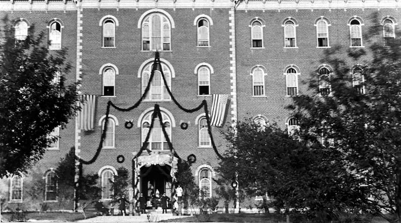 This photograph of St. Mary's Institute taken in 1879 is the oldest dated picture on record. The first president, Rev. Leo Meyer, purchased 120 acres of farmland and founded St. Mary's School for Boys. University of Dayton Archives Collection