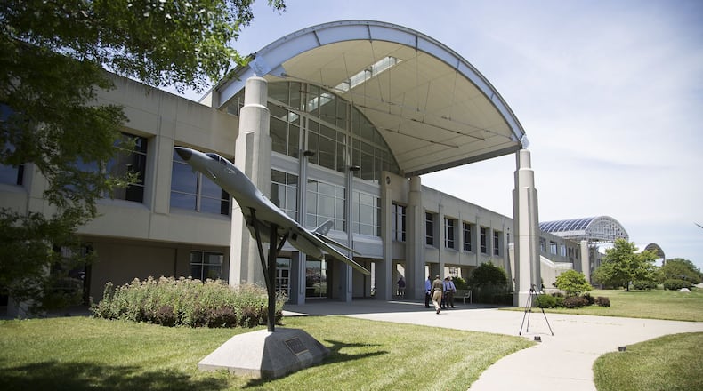 Models of Air Force aircraft, like this B-1B Lancer, adorn the courtyards of management offices on Area B for the Fighters and Bombers Directorate, Air Force Life Cycle Management Center, Air Force Materiel Command, Wright-Patterson Air Force Base. TY GREENLEES / STAFF