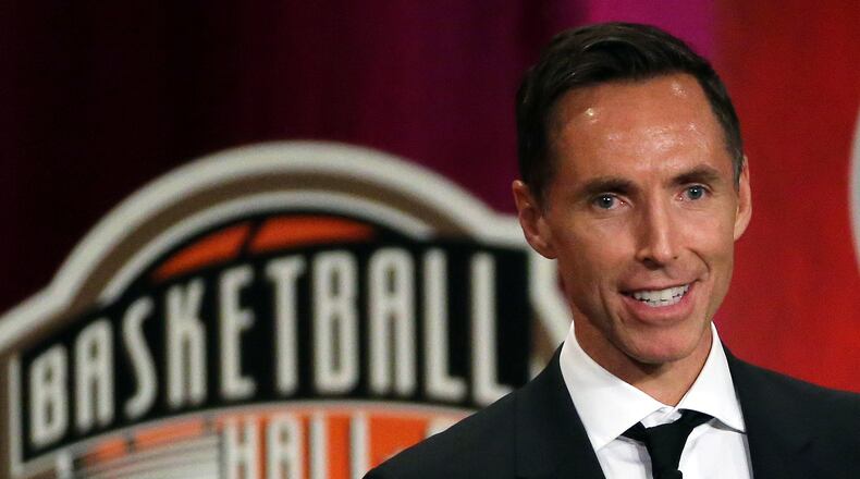 FILE - In this Sept. 7, 2018, file photo, Steve Nash speaks during induction ceremonies at the Basketball Hall of Fame, in Springfield, Mass. The Brooklyn Nets hired Steve Nash as their coach Thursday, Sept. 3, 2020, putting the Hall of Fame point guard in charge of the team that hopes to have Kevin Durant and Kyrie Irving together next season. (AP Photo/Elise Amendola, File)