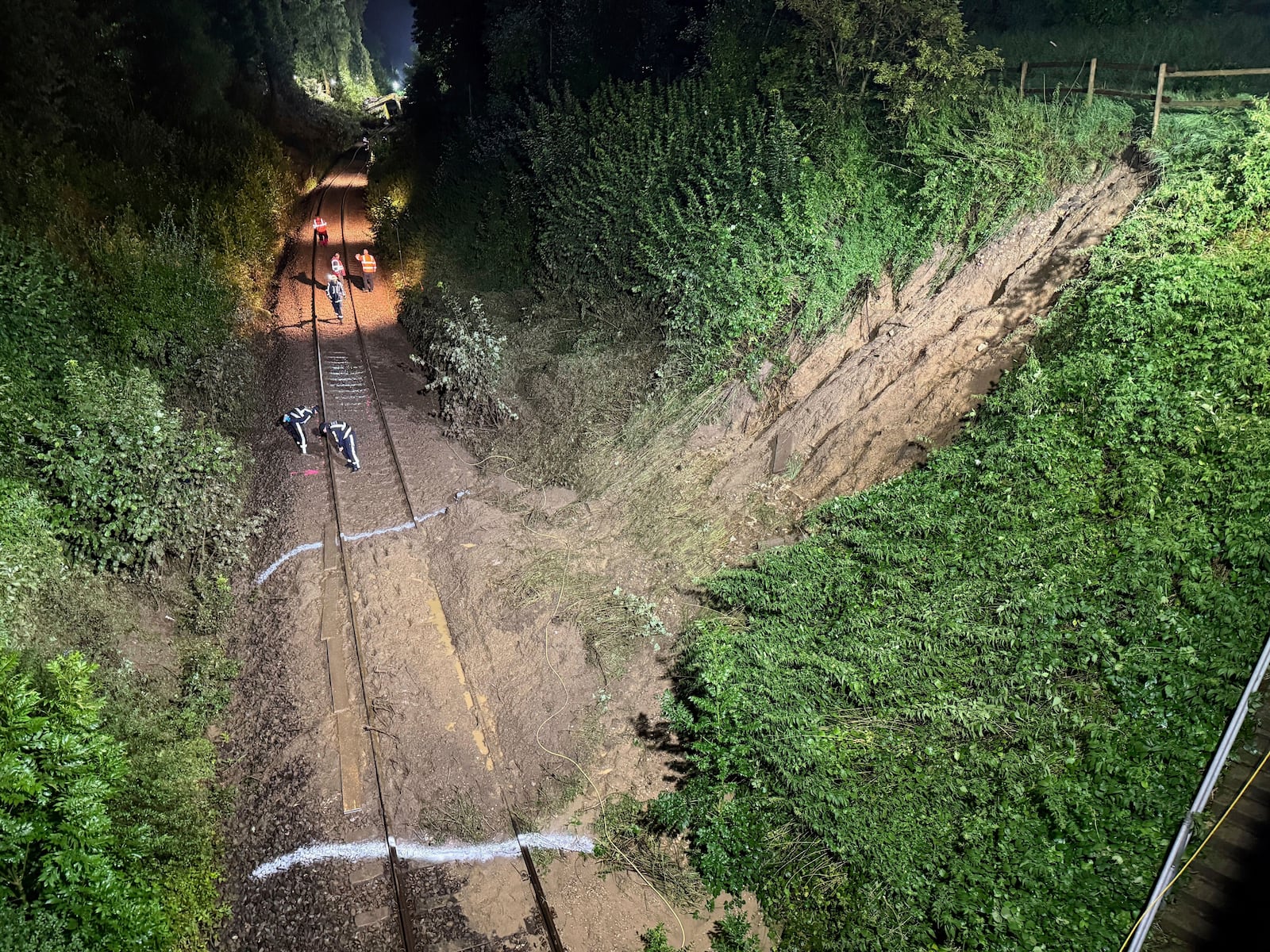 Emergency services work on the tracks by a landslide after a regional passenger train derailed near Riedlingen, Germany, Sunday, July 27, 2025. (Nico Pointner/dpa via AP)