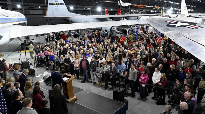 Maj. Gen. William T. Cooley, commander of the Air Force Research Laboratory, makes opening remarks during the Science, Discovery and Family Fun event at the National Museum of the U.S. Air Force at Wright-Patterson Air Force Base Jan. 13. The public event featured activities to encourage children to look toward STEM areas in their education. (U.S. Air Force photo/Scott M. Ash)