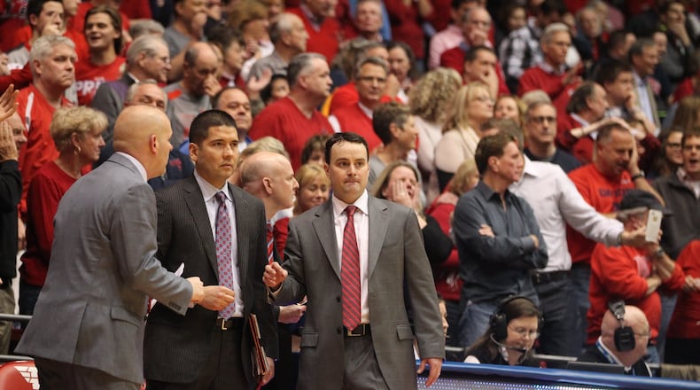 Dayton coach Archie Miller yells to his team during a game against VCU on March 5, 2016, at UD Arena. David Jablonski/Staff