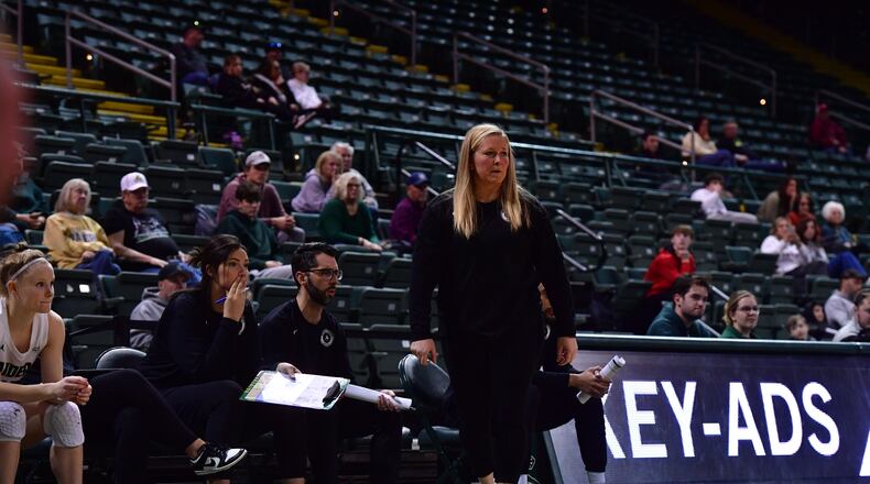 Wright State coach Kari Hoffman looks on during a game earlier this season at the Nutter Center. Joe Craven/Wright State Athletics photo