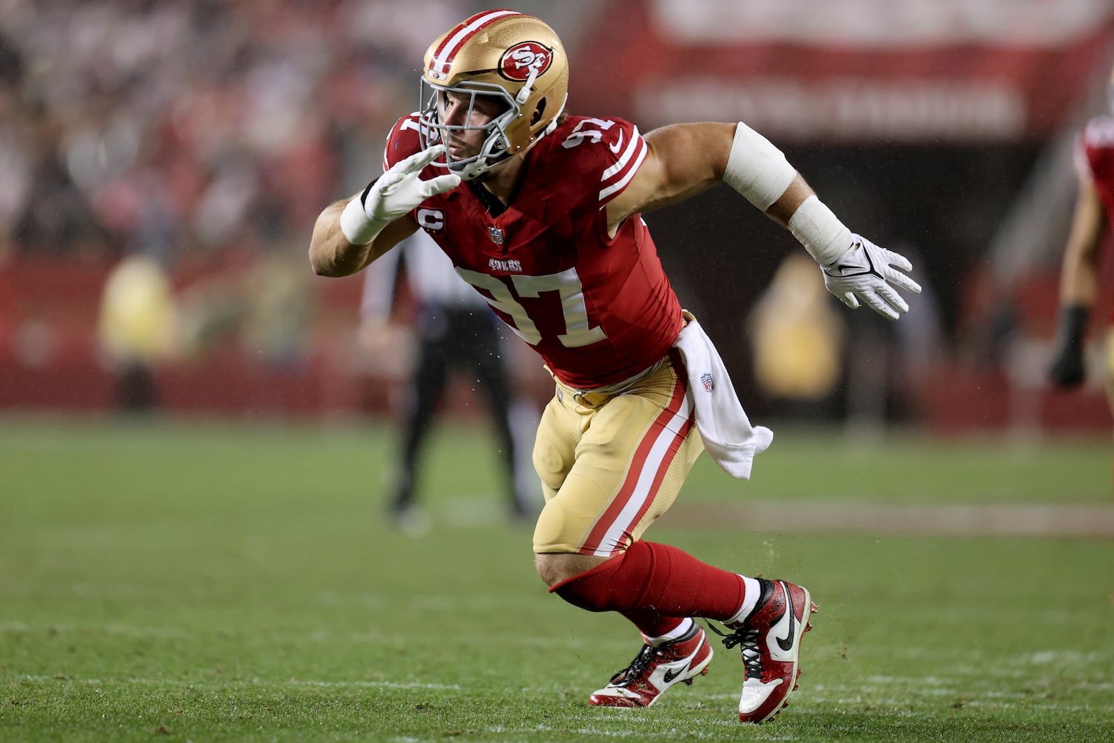 FILE - San Francisco 49ers defensive end Nick Bosa (97) rushes during an NFL football game against the Los Angeles Rams, Thursday, December 12, 2024, in Santa Clara, Calif. (AP Photo/Scot Tucker, File)