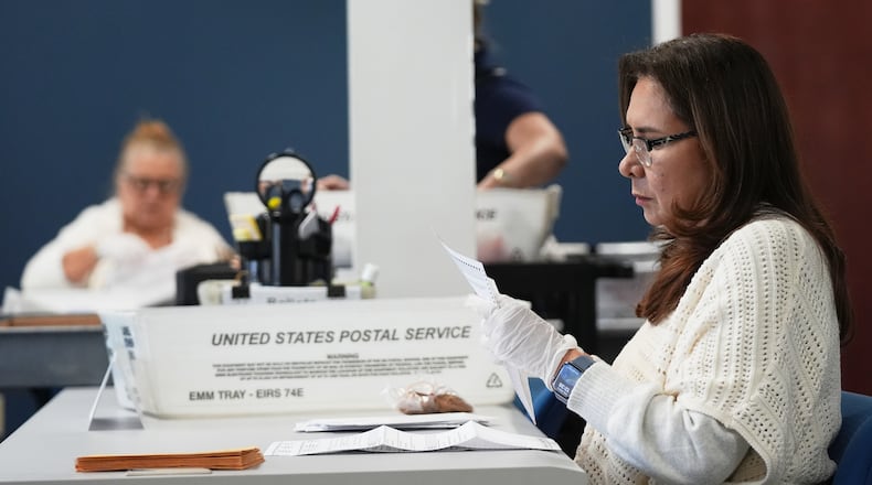 FILE - Employees sort vote-by-mail ballots from municipal elections on Election Day at the Miami-Dade County Supervisor of Elections Office, Nov. 4, 2025, in Doral, Fla. (AP Photo/Lynne Sladky, File)