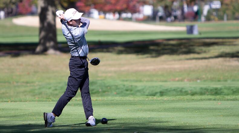 Alter's Davis Gochenouer hits a tee shot during the 2020 state tournament. Jeff Gilbert/CONTRIBUTED