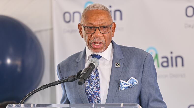 Dayton mayor Jeffrey J. Mims speaks during a groundbreaking ceremony on Friday, Sept. 26 held by onMain ahead of construction of the first building on the former Montgomery County Fairgrounds in Dayton. BRYANT BILLING / STAFF