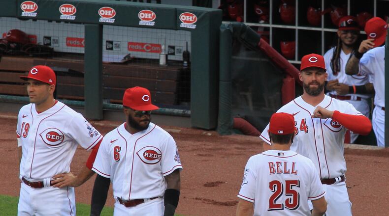 Matt Davidson, of the Reds, on Opening Day against the Detroit Tigers on Friday, July 24, 2020, at Great American Ball Park in Cincinnati.