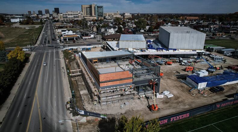 The Roger Glass Center for the Arts at the intersection of Main and Stewart Streets is scheduled to be open for the 2023-24 academic year. The 51,000-square-foot center will include a theater, concert hall and an art gallery. JIM NOELKER/STAFF