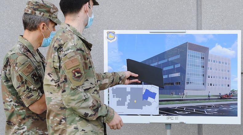Military and civilian dignitaries broke ground for the National Air and Space Intelligence Center's (NASIC) Intelligence Production Complex lll military construction project at Wright-Patterson Air Force Base recently. Construction for the $156 million complex is expected to begin later this month and will be completed in early to 2025. MARSHALL GORBY\STAFF
