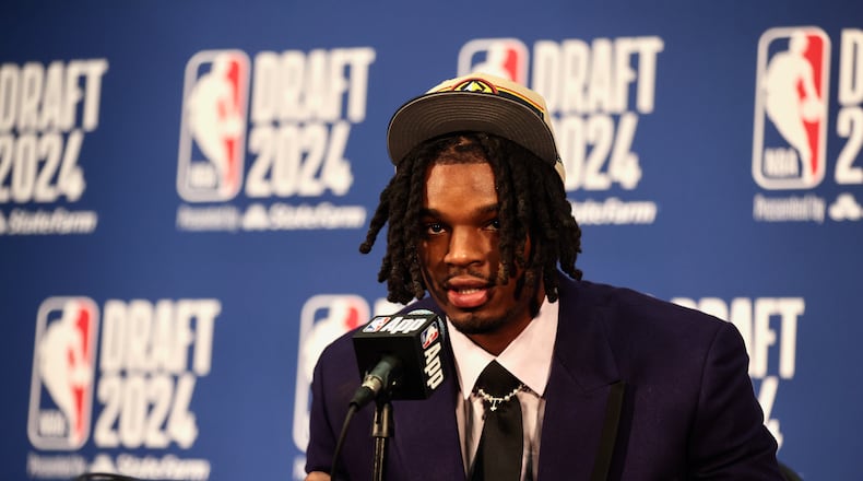 DaRon Holmes II speaks at a press conference after being selected with the No. 22 pick in the NBA Draft on Wednesday, June 26, 2024, at the Barclays Center in Brooklyn, N.Y. David Jablonski/Staff