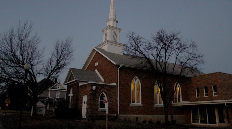 Evening photo of Trotwood United Church of Christ on Broadway St. in Trotwood.