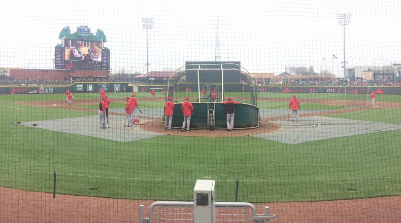 The view from behind home plate prior to the Reds Futures game in Dayton on April 1.