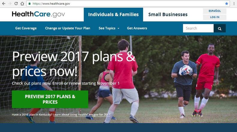 The HealthCare.gov 2017 homepage as seen on Oct. 25, 2016. The Obama administration confirms that premiums will go up sharply next year for health insurance sold to millions of consumers through HealthCare.gov.