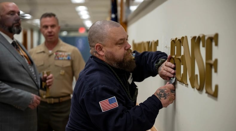 "Secretary of War" plaques are installed at the Pentagon, Washington, D.C., Sept. 3. U.S. Navy Petty Officer 2nd Class Aiko Bongolan / Department of Defense