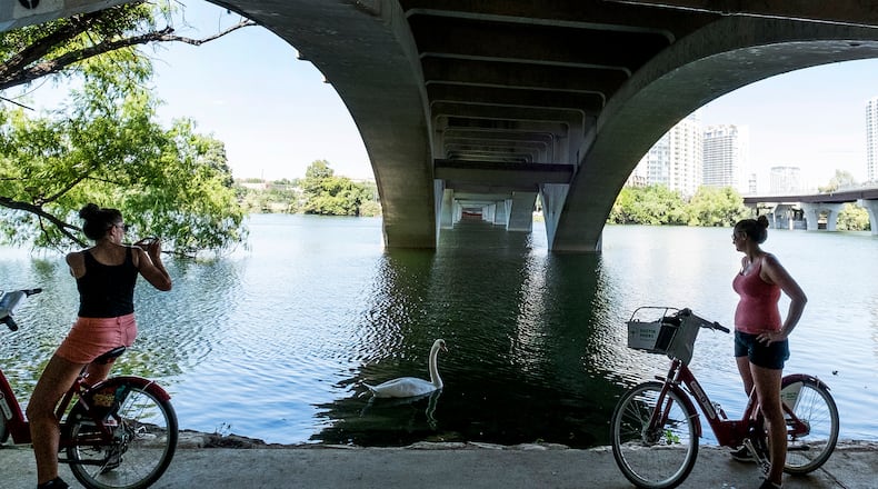 September 19, 2016 - Arlene Mav, of Australia, left, and Jane Jones, of the United Kingdom, right, stop along the hike and bike trail below the Lamar Boulevard Bridge to take a picture of a goose hanging out in the shade of the bridge in Austin, Texas, on Monday, Sept. 19, 2016. (AUSTIN AMERICAN-STATESMAN / RODOLFO GONZALEZ)