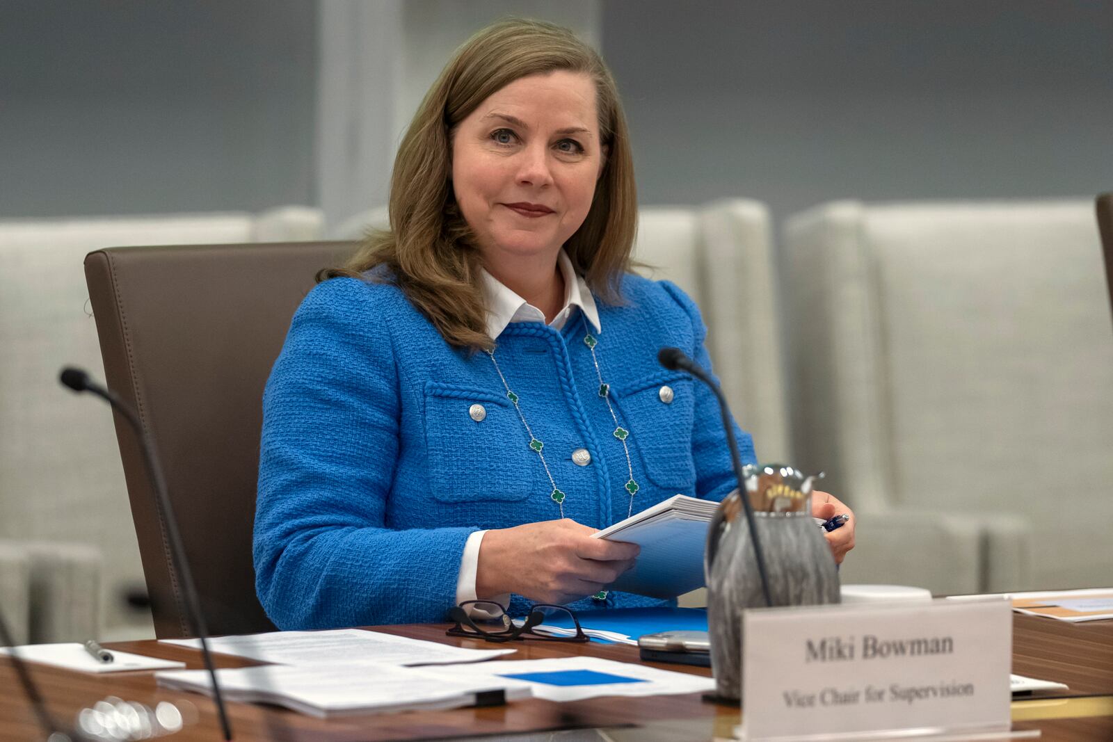 FILE - Michelle Bowman, Vice Chair for Supervision of the Federal Reserve Board of Governors, sits before an open meeting of the Board of Governors at the Federal Reserve, Wednesday, June 25, 2025, in Washington. (AP Photo/Mark Schiefelbein, File)