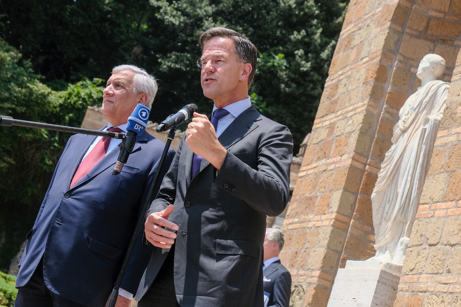 Italy's Foreign Minister Antonio Tajani, left, and Mark Rutte, NATO Secretary General, prior to the "Weimar Plus" Ministerial meeting dedicated to Ukraine and European security in Rome, Italy, Thursday, June 12, 2025. (Mauro Scrobogna/LaPresse via AP)