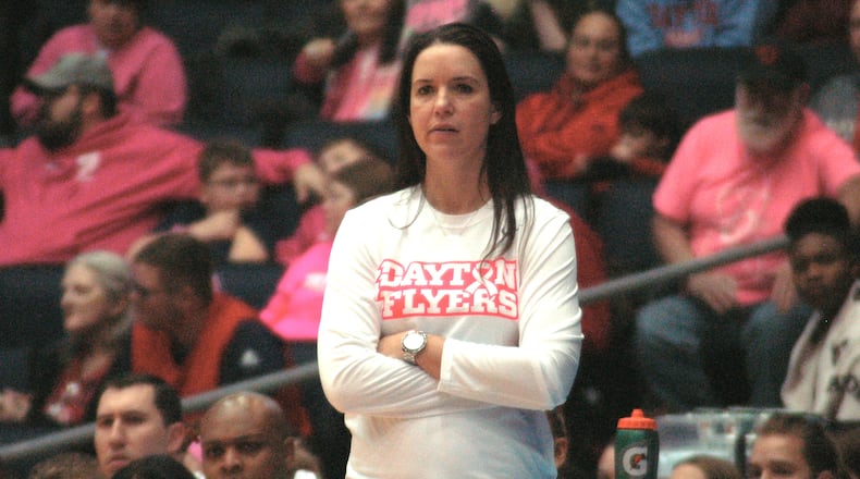 Dayton women’s basketball coach Shauna Green looks on during Sunday’s game vs. VCU at UD Arena. The Flyers won 74-64 to improve to 11-0 in Atlantic 10 play. John Cummings/CONTRIBUTED