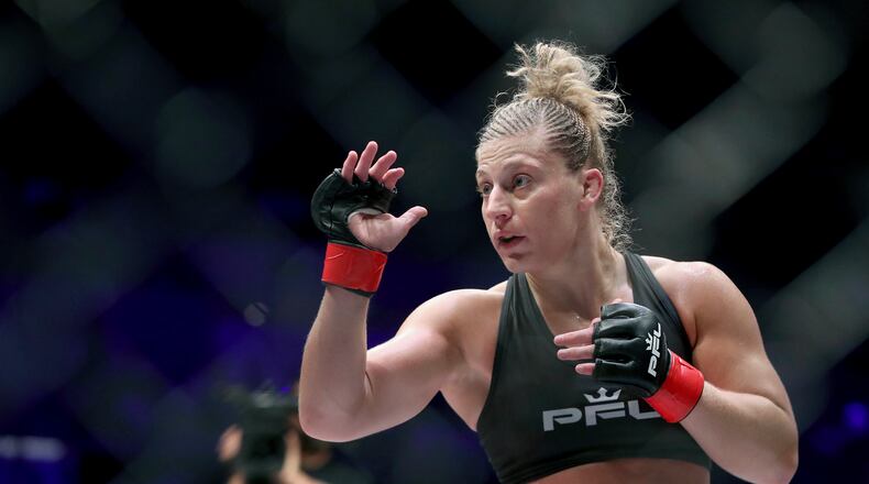 Kayla Harrison is shown during a Professional Fighters League bout against Larissa Pacheco at Nassau Coliseum in Uniondale, N.Y., in 2019. Harrison fights Pacheco in the third time Friday night in the winner-take-all $1 million PFL championship. (AP Photo/Greg Payan, File)