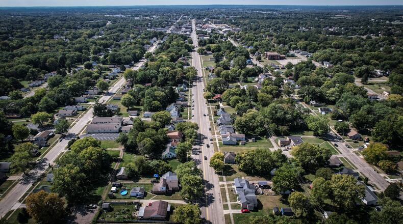This is an aerial of Xenia looking west. East Main Street is in the center with East Second Street on the left and East Market Street on the right. JIM NOELKER/STAFF
