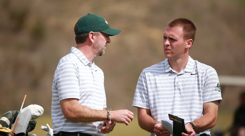 Wright State coach Brian Arlinghaus and Bryce Haney talk during a tournament. CONTRIBUTED