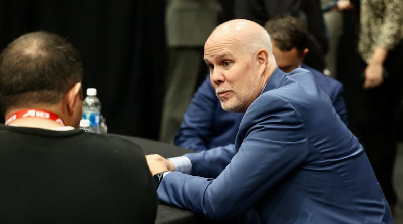 St. Bonaventure's Mark Schmidt does an interview on Atlantic 10 Conference Media Day on Thursday, Oct. 13, 2022, at the Barclays Center in Brooklyn, N.Y. David Jablonski/Staff