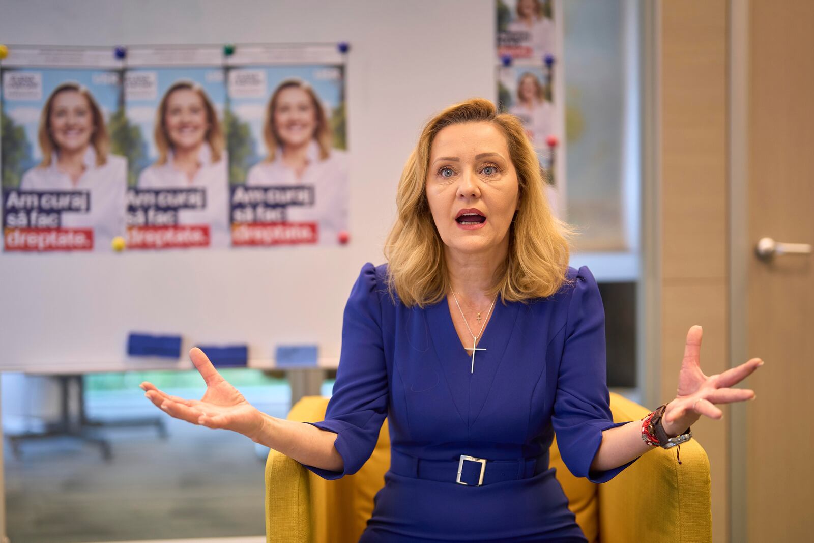 Elena Lasconi, presidential candidate for the Save Romania Union party, or USR, before it withdrew its support for her last week in favor of incumbent Bucharest mayor Nicusor Dan, speaks during an interview with the Associated Press in Bucharest, Romania, Tuesday, April 15, 2025. (AP Photo/Vadim Ghirda)