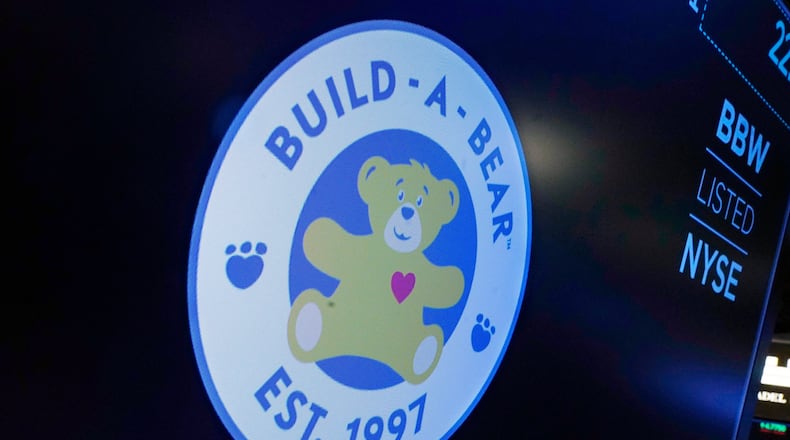 FILE - The logo for Build-A-Bear Workshop appears above a trading post on the floor of the New York Stock Exchange, Dec. 1, 2021. (AP Photo/Richard Drew, File)