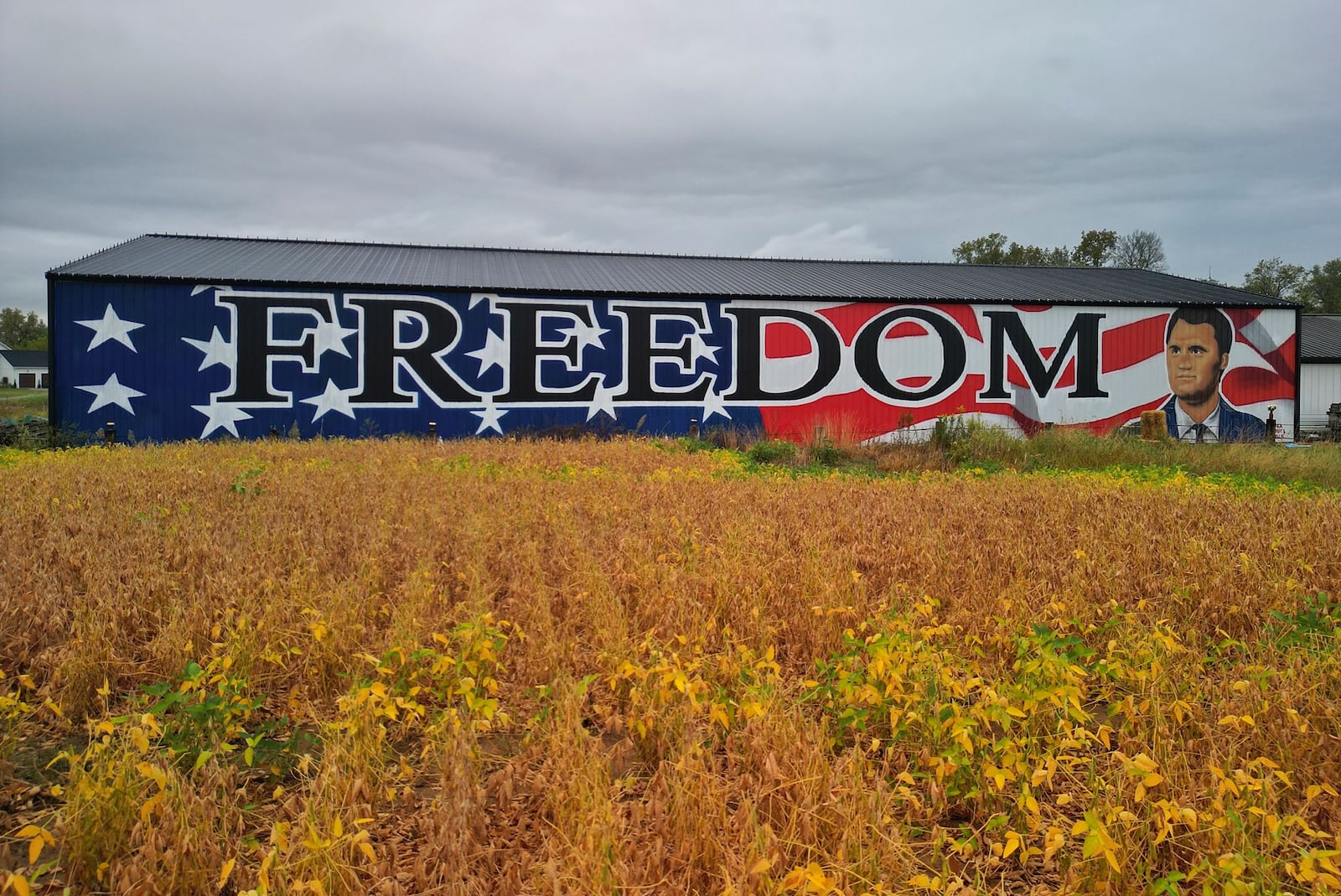 Artist Erica Arndts created a mural in honor of slain activist Charlie Kirk on the side of a barn along Township Line Road near Ohio 73 near Waynesville. NICK GRAHAM/STAFF