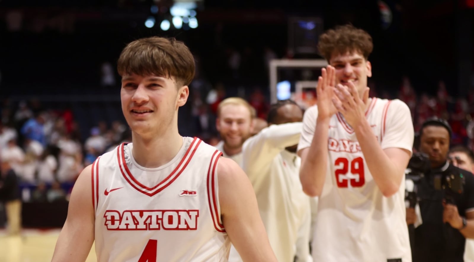 Dayton's Jordan Derkack smiles as he leaves the court after a victory against Duquesne on Saturday, Feb. 21, 2026, at UD Arena. David Jablonski/Staff