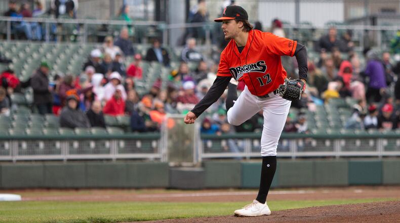Dayton pitcher Connor Phillips follows through on a pitch during Friday's season opener at Day AIr Ballpark. Jeff Gilbert/CONTRIBUTED