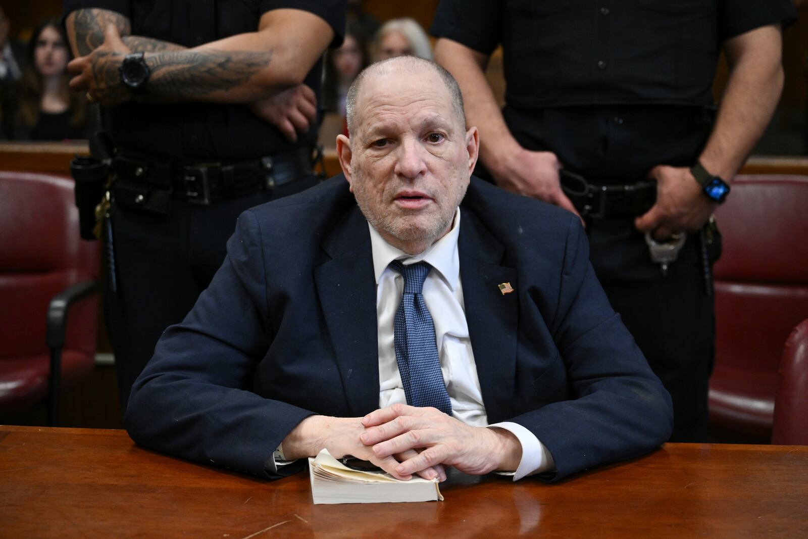 Former film producer Harvey Weinstein appears in court for his retrial at Manhattan Criminal Court in New York, Tuesday, April 15, 2025. (Angela Weiss/Pool Photo via AP)