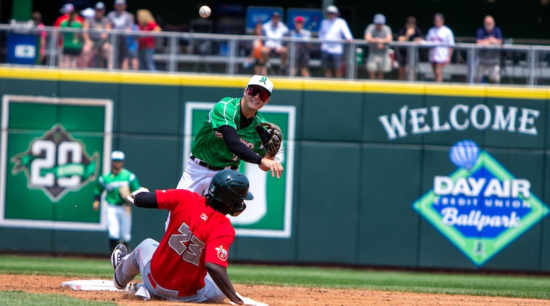 Dayton second baseman Tyler Callihan turns a double play started by shortstop Edwin Arroyo in the third inning of Sunday's game against Fort Wayne at Day Air Ballpark. Jeff Gilbert/CONTRIBUTED